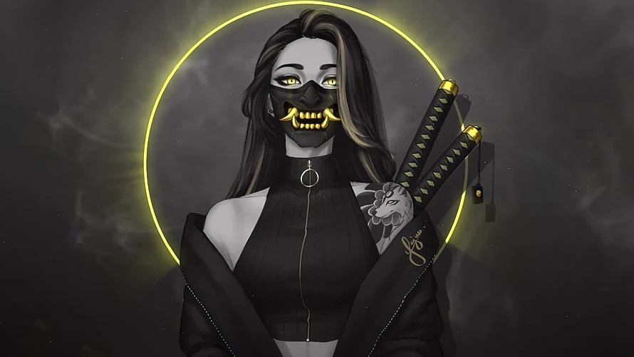 Dark Fantasy Samurai Woman Wearing Oni Mask With Dual Katanas HD wallpaper