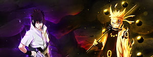 Naruto and Sasuke in Epic Battle Pose with Chakra Effects and Dark Background HD wallpaper