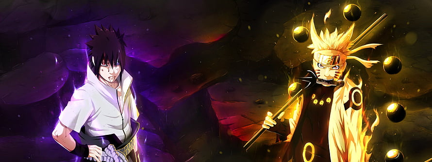 Naruto and Sasuke in Epic Battle Pose with Chakra Effects and Dark Background HD wallpaper