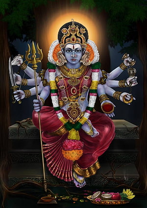 Amman Goddess Digital Art with Multiple Arms, Trishul, and Traditional Jewelry HD phone wallpaper