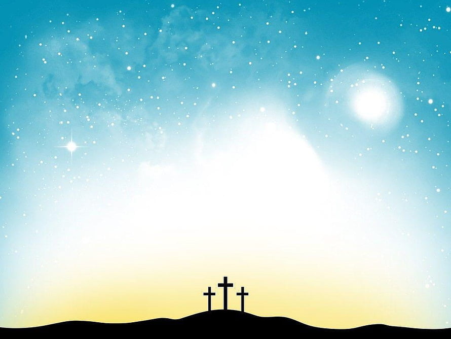 Three Crosses Silhouette on Hilltop Under Starry Sky with Bright Light HD wallpaper