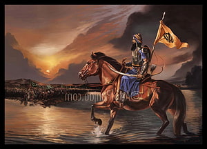 Banda Singh Bahadur on Horseback: Sikh Warrior Crossing a River at Sunset HD wallpaper