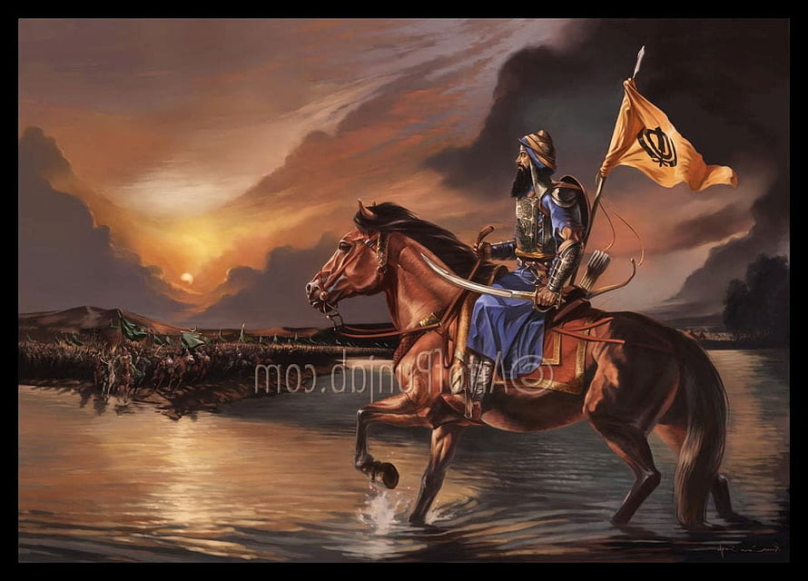 Banda Singh Bahadur on Horseback: Sikh Warrior Crossing a River at Sunset HD wallpaper