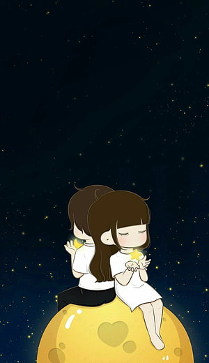 Cute Cartoon Couple Sitting on Moon Under Starry Night Sky HD phone wallpaper