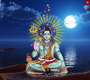 Lord Shiva Meditating on a Moonlit Shore with Trishula and Rudraksha Beads HD wallpaper