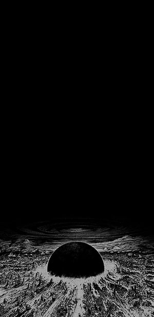 Minimalist Black and White Abstract Landscape with Dark Sphere and Rippled Horizon HD phone wallpaper