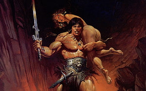 Conan The Barbarian Carrying Princess in Dramatic Fantasy Illustration HD wallpaper