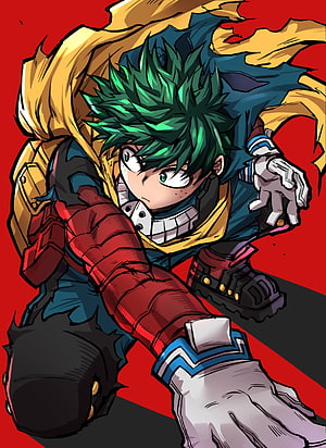 Izuku Mid-Action in Vigilante Costume with Green Hair and Red Gloves HD phone wallpaper
