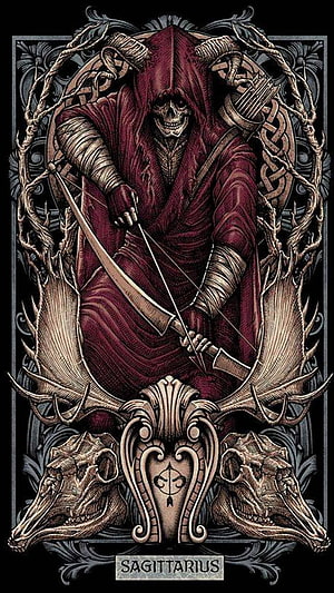 Dark Sagittarius Zodiac Sign Artwork Featuring Hooded Skeleton Archer and Skulls HD phone wallpaper
