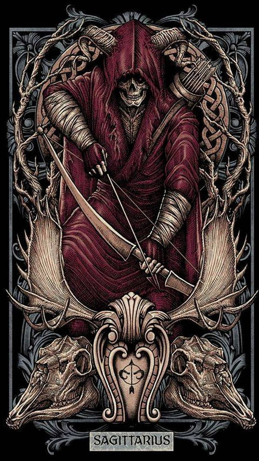 Dark Sagittarius Zodiac Sign Artwork Featuring Hooded Skeleton Archer and Skulls HD phone wallpaper