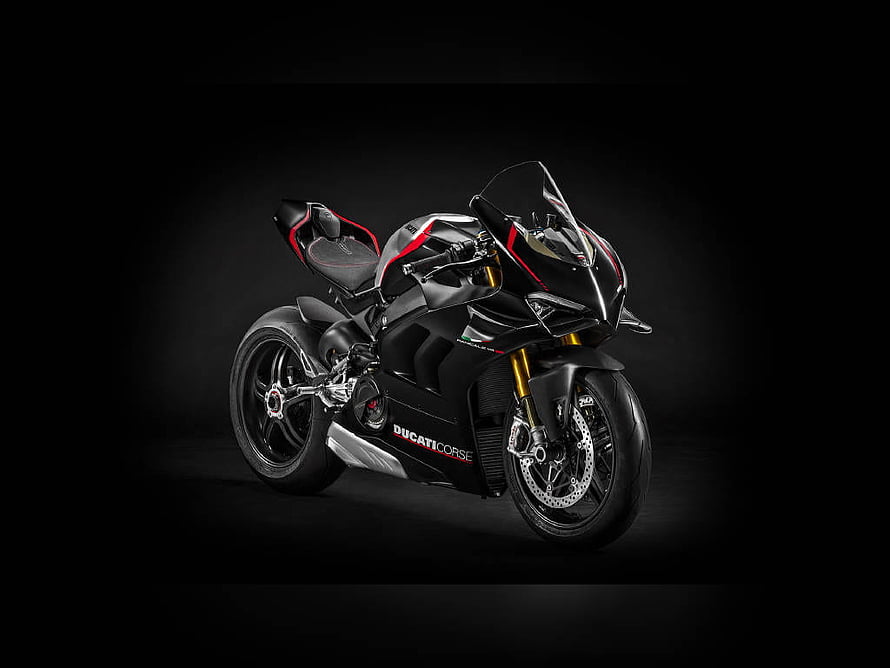 Ducati Panigale V4 SP2 Superbike in Black and Red on Dark Studio Background HD wallpaper