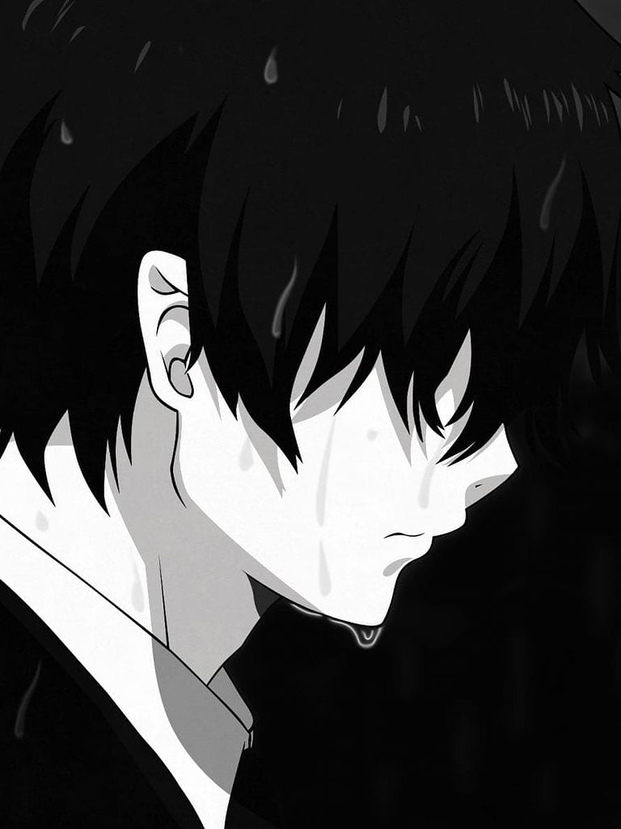 Melancholic Anime Character in Black and White Rain HD phone wallpaper