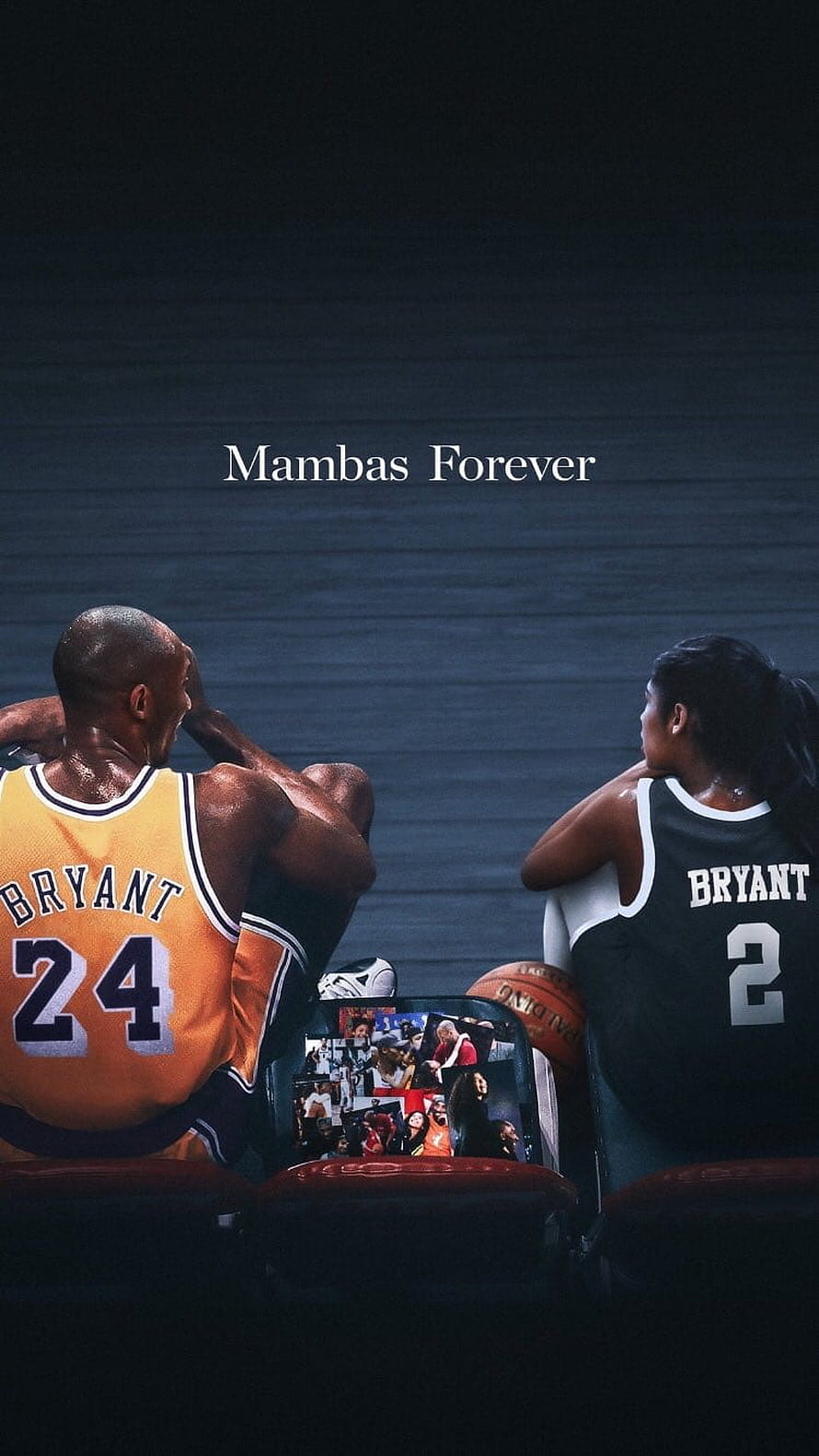 Kobe and Gianna Bryant in Lakers jerseys with Mambas Forever tribute text HD phone wallpaper