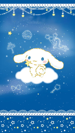 Cinnamoroll Sitting on a Cloud Under a Starry Night Sky with Lace Border HD phone wallpaper