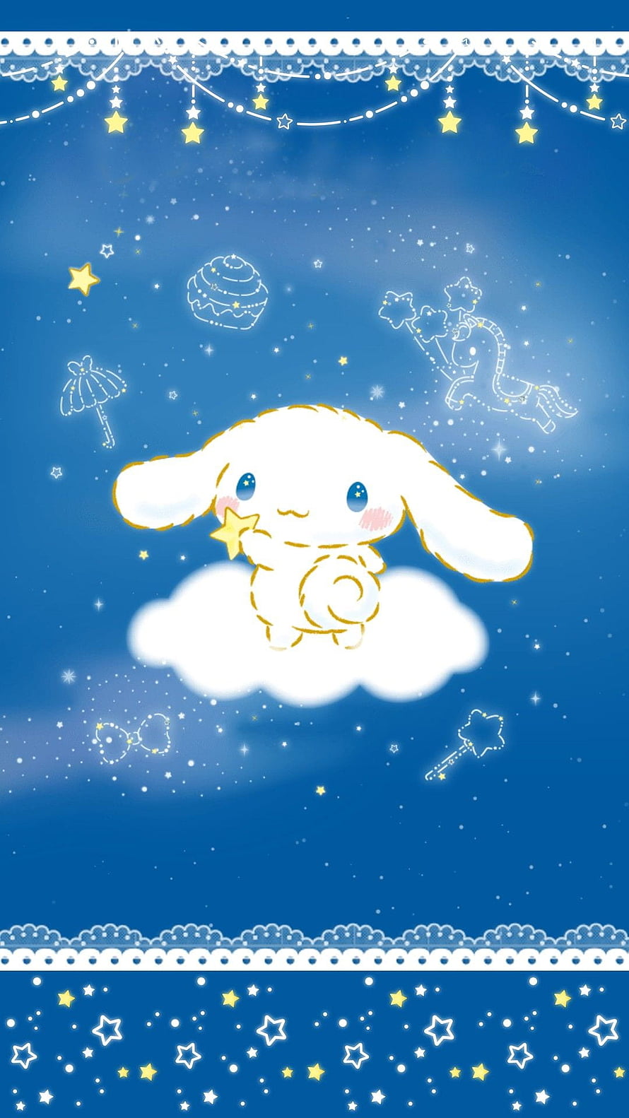 Cinnamoroll Sitting on a Cloud Under a Starry Night Sky with Lace Border HD phone wallpaper