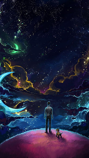 Man and Dog Gazing at a Vibrant Starry Night Sky with Glowing Moons and Cosmic Clouds HD phone wallpaper