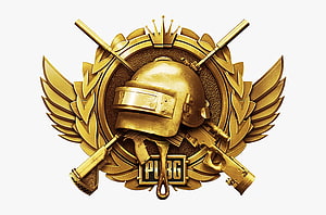 PUBG Conqueror Emblem with Golden Helmet, Crown, and Crossed Weapons HD wallpaper