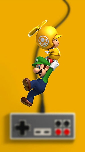 Luigi and a Propeller-Cap Character Floating Above a Retro Game Controller on a Yellow Background HD phone wallpaper