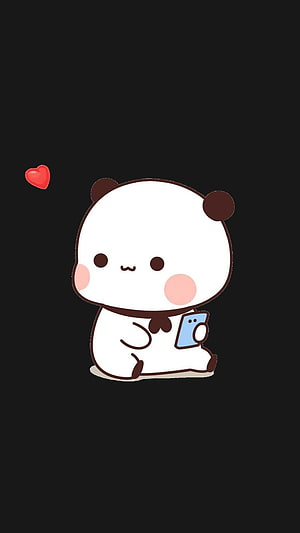 Bubu Dudu Cute Panda Character Holding Phone on Black Background HD phone wallpaper
