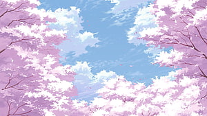 Anime Style Cherry Blossom Canopy With Falling Petals Against A Bright Blue Sky HD wallpaper