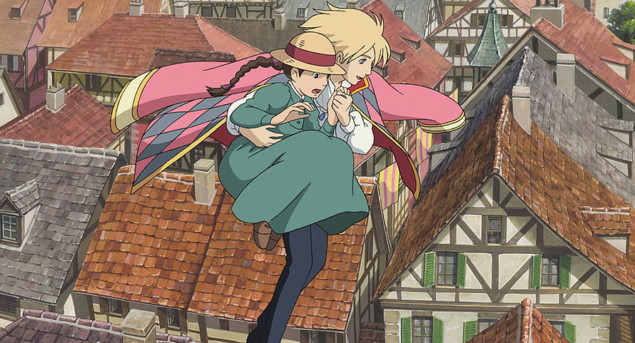 Howl's Moving Castle: Boy Carrying Girl Across European Rooftops in Animated Fantasy Scene HD wallpaper