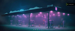 Neon-lit retro gas station at night with synthwave audio visualizer and digital clock overlay HD wallpaper