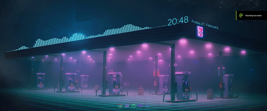 Neon-lit retro gas station at night with synthwave audio visualizer and digital clock overlay HD wallpaper