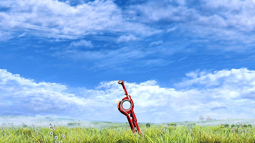 Monado Sword Stuck in Grass Field Under Blue Sky from Xenoblade Chronicles HD wallpaper