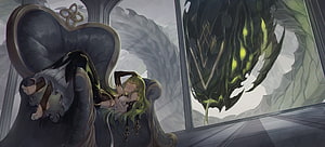 Mobius of Life from Honkai Impact 3rd Reclining in a Throne with a Dark Creature HD wallpaper