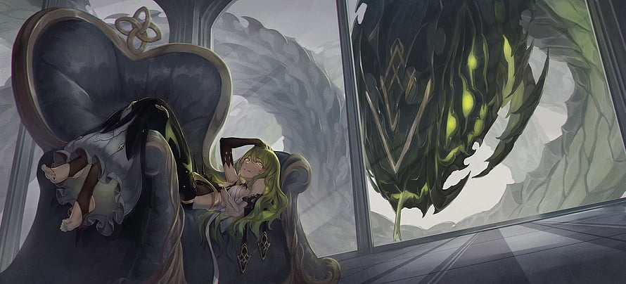 Mobius of Life from Honkai Impact 3rd Reclining in a Throne with a Dark Creature HD wallpaper
