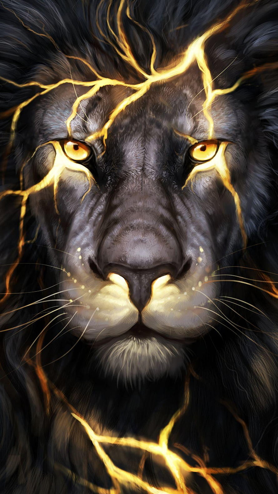 Majestic Black Lion Portrait with Golden Lightning and Glowing Amber Eyes HD phone wallpaper