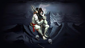 Lord Shiva Meditating on a Mountain Peak with Trishul and Chillum HD wallpaper