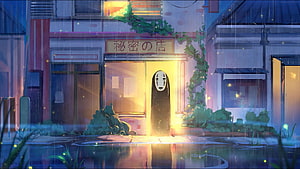 No-Face Standing in a Rainy Japanese Street at Night with Warm Shop Light HD wallpaper