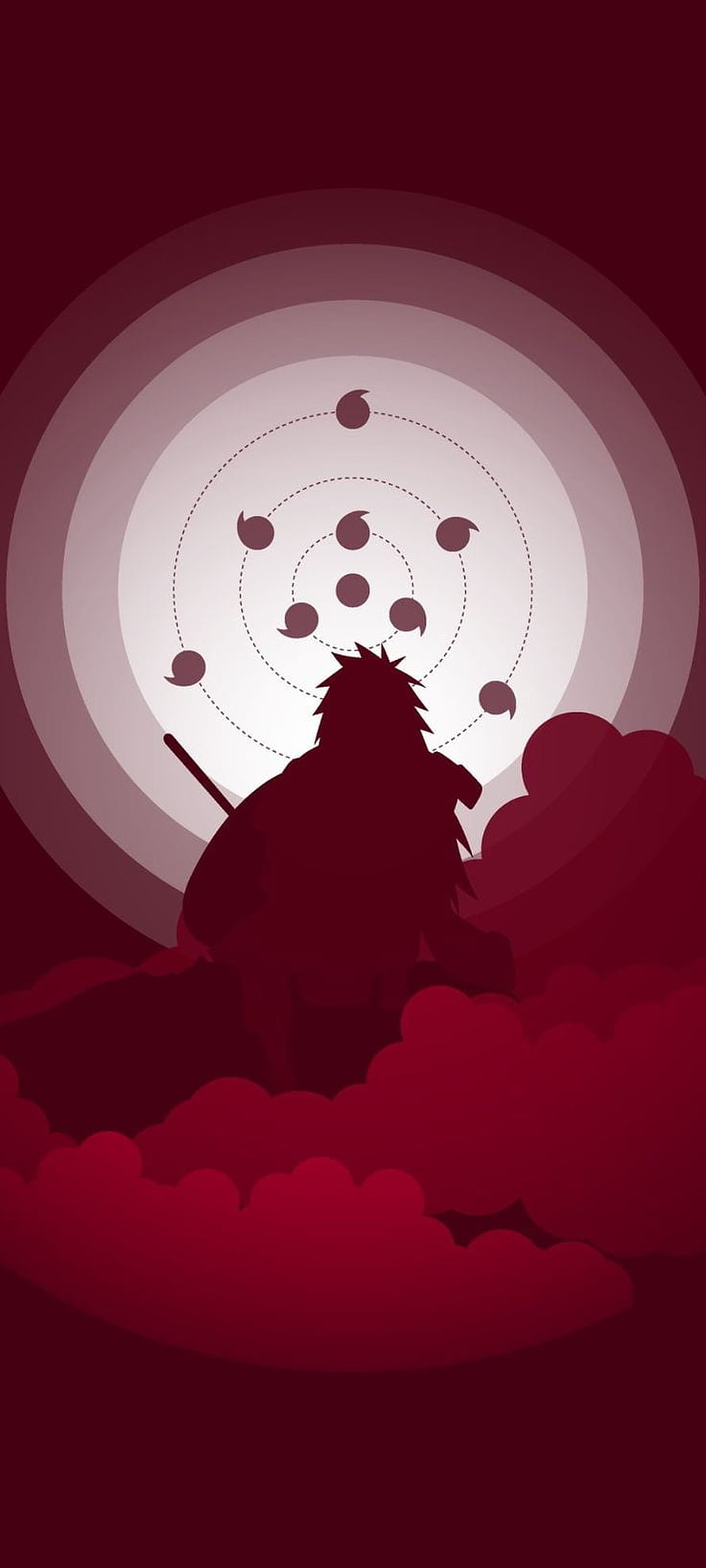Uchiha Madara Silhouette with Rinnegan Symbol in Minimal Red Anime Art HD phone wallpaper