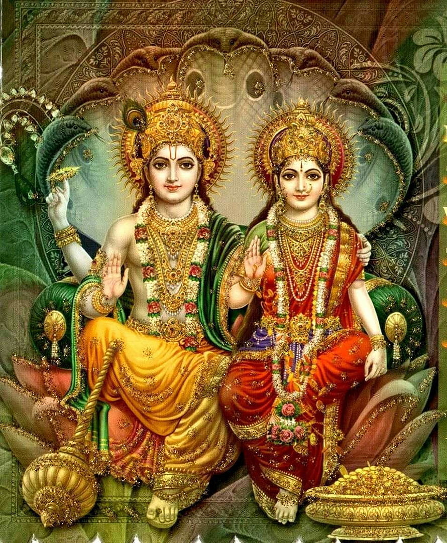 Lord Vishnu and Goddess Lakshmi Seated on Lotus Throne in Traditional Indian Art HD phone wallpaper