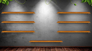 Industrial Concrete Wall With Floating Wooden Shelves And Green Vines HD wallpaper