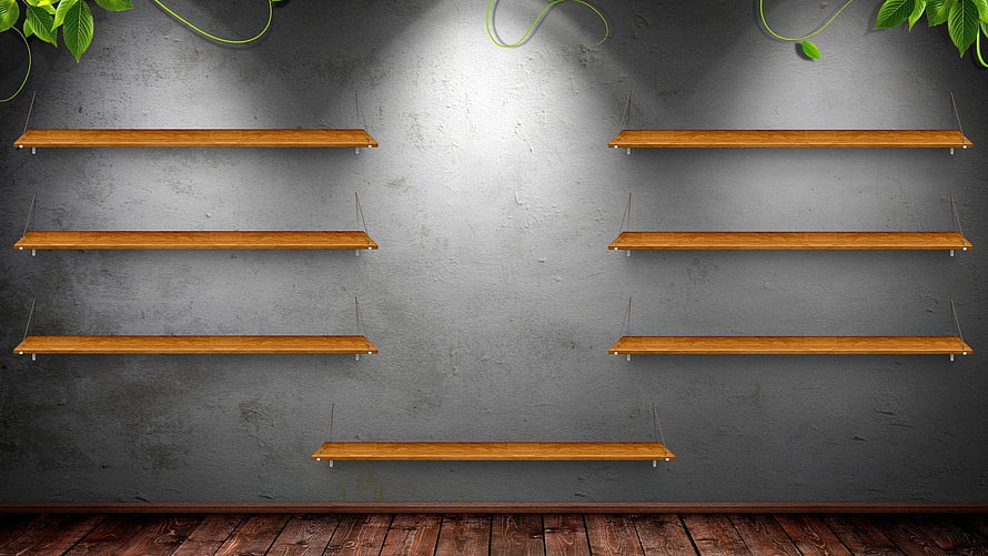 Industrial Concrete Wall With Floating Wooden Shelves And Green Vines HD wallpaper