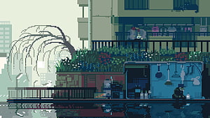 Atmospheric Pixel Art Cityscape with Rooftop Garden and Waterfront Reflections HD wallpaper