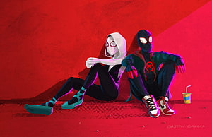 Gwen Stacy and Miles Morales Sitting Together in Spider-Verse Style Artwork HD wallpaper