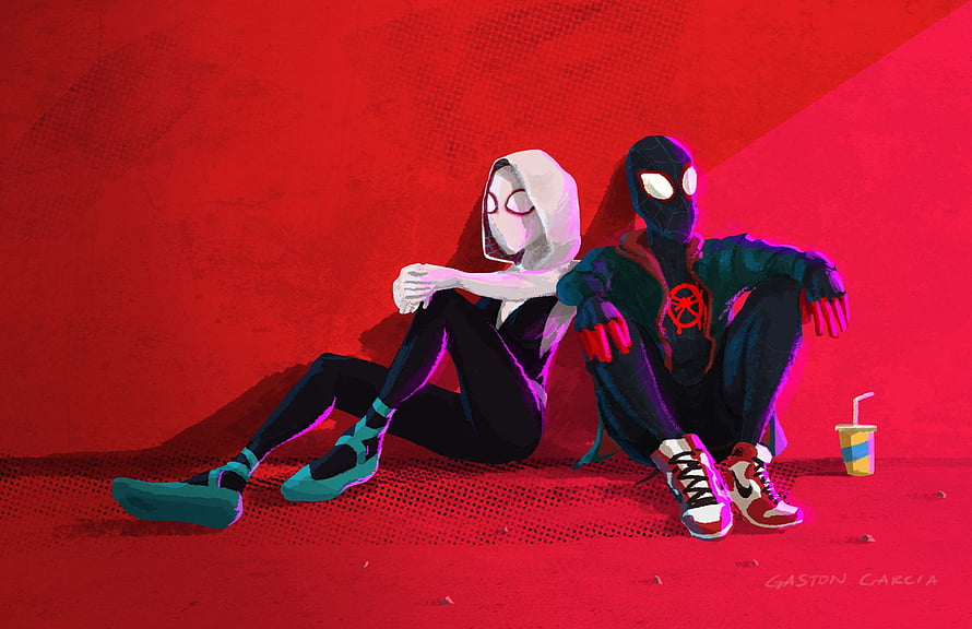 Gwen Stacy and Miles Morales Sitting Together in Spider-Verse Style Artwork HD wallpaper