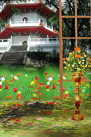 Traditional Chinese Pagoda Garden With Colorful Flowers And Golden Vase HD phone wallpaper