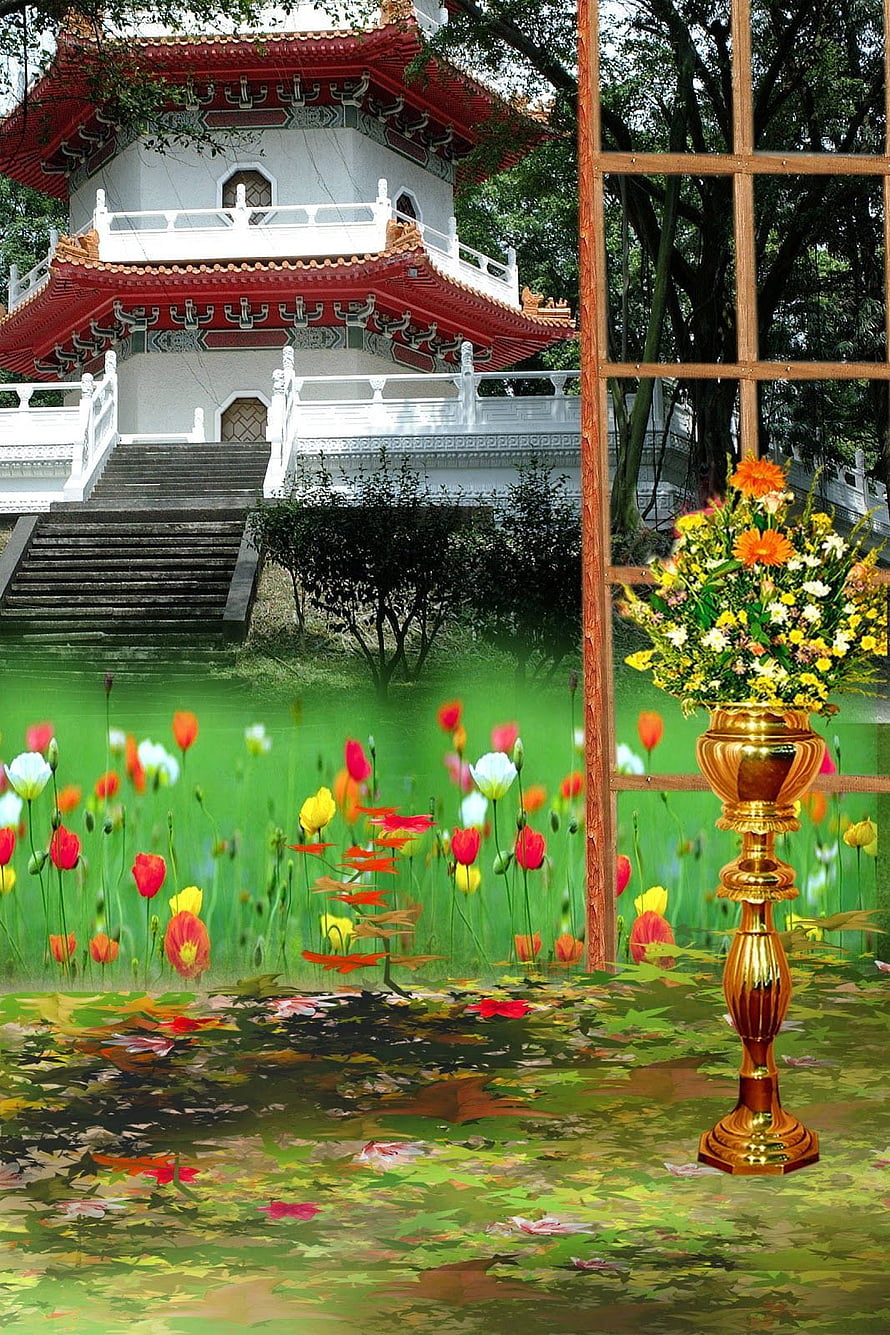 Traditional Chinese Pagoda Garden With Colorful Flowers And Golden Vase HD phone wallpaper