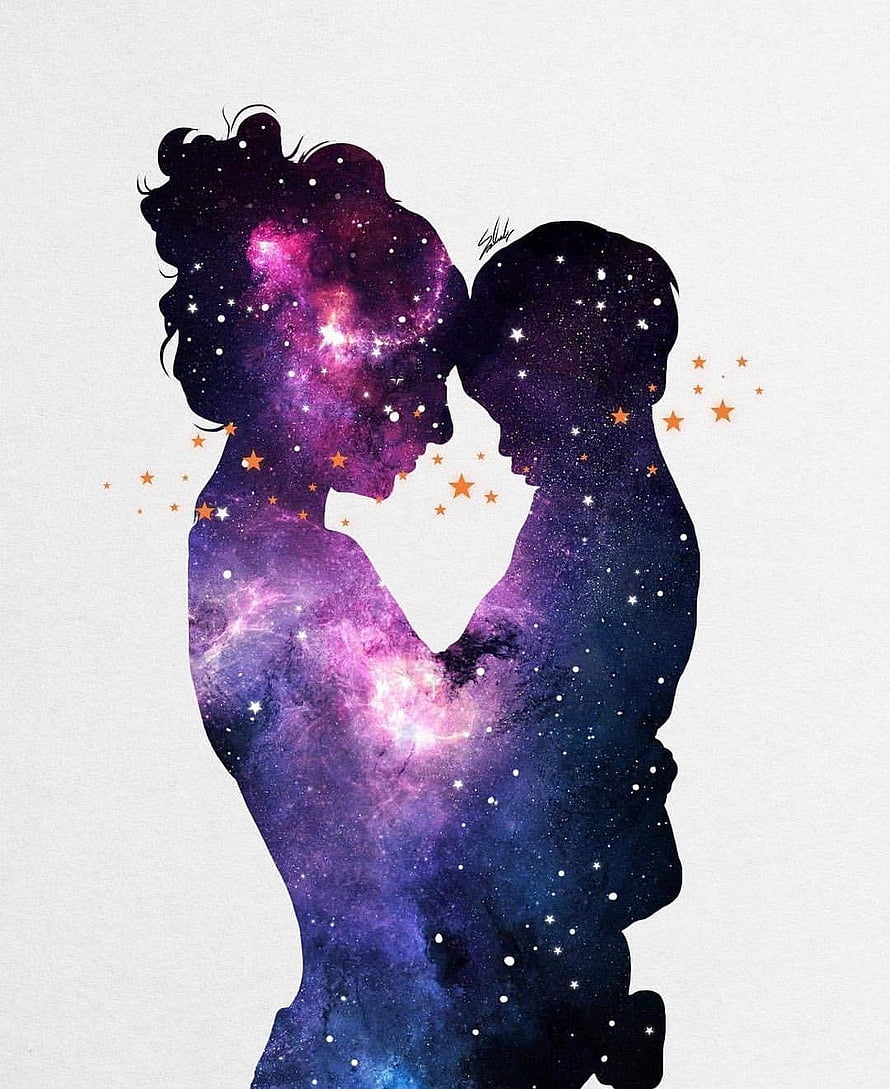 Mother and Child Galaxy Silhouette Artwork with Purple Nebula and Starry Sky HD phone wallpaper