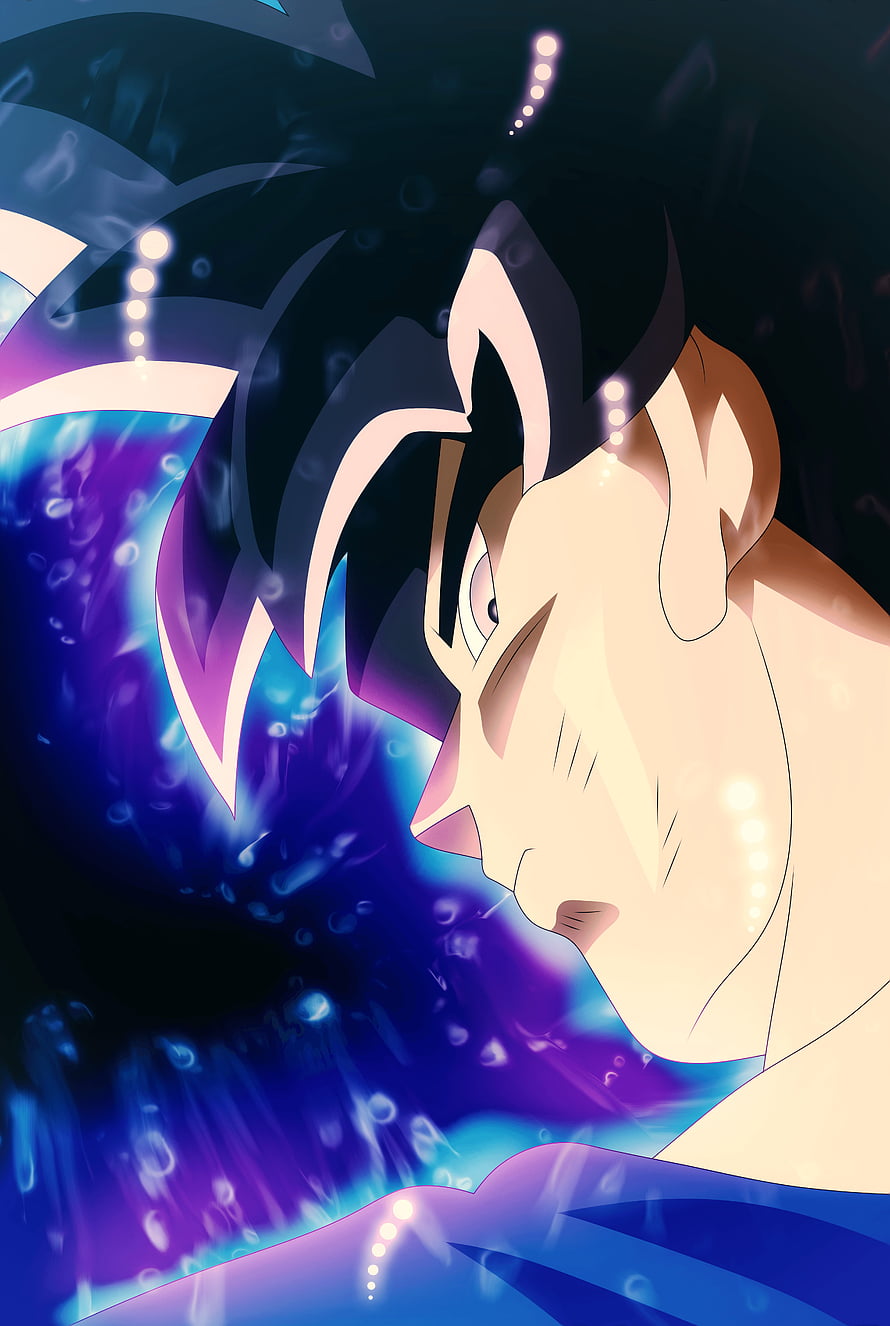 Goku Ultra Instinct Profile Portrait with Glowing Blue Aura and Dark Background HD phone wallpaper