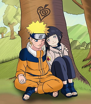 Naruto and Hinata Sitting Together Under a Tree in a Peaceful Green Landscape HD phone wallpaper