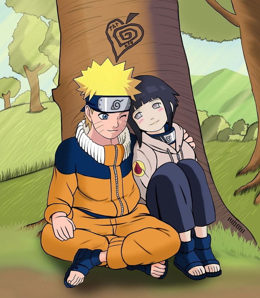 Naruto and Hinata Sitting Together Under a Tree in a Peaceful Green Landscape HD phone wallpaper