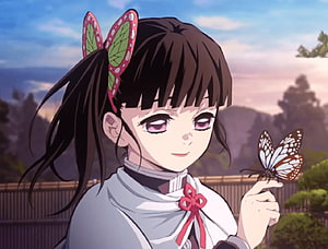 Kanao Tsuyuri from Demon Slayer Holding a Butterfly in a Serene Outdoor Setting HD wallpaper