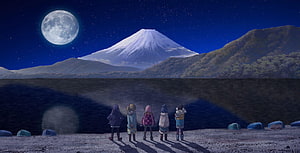 Yuru Camp Anime Scene: Five Characters Gazing at Mount Fuji Under a Full Moon HD wallpaper