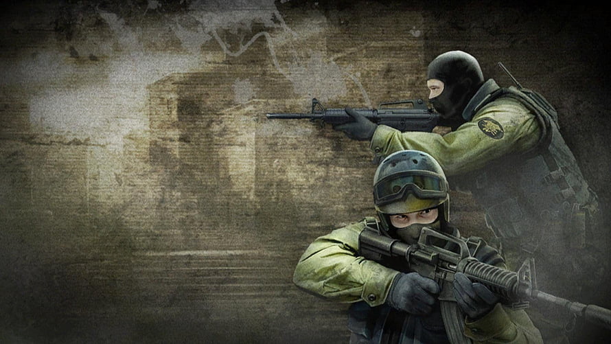 Counter-Strike Source Tactical Operatives Aiming Assault Rifles in Grunge Combat Scene HD wallpaper