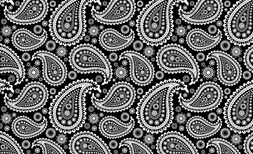 Monochrome paisley bandana pattern with intricate teardrop motifs and floral accents on a black background HD wallpaper
